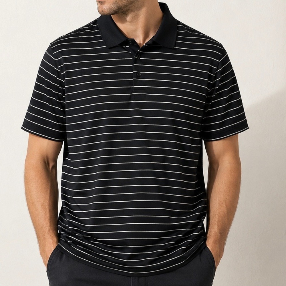 Men's Black White Striped Golf Polo Shirt Performance Athletic Casual XL